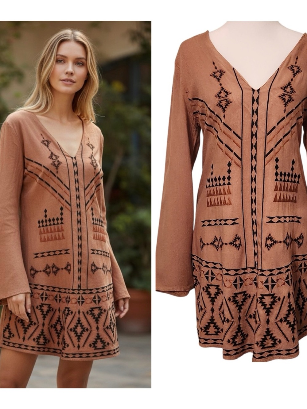 Lush Boho Tribal Aztec Dress Tunic Embroidery Hippie Bell Sleeve Campus Size M
